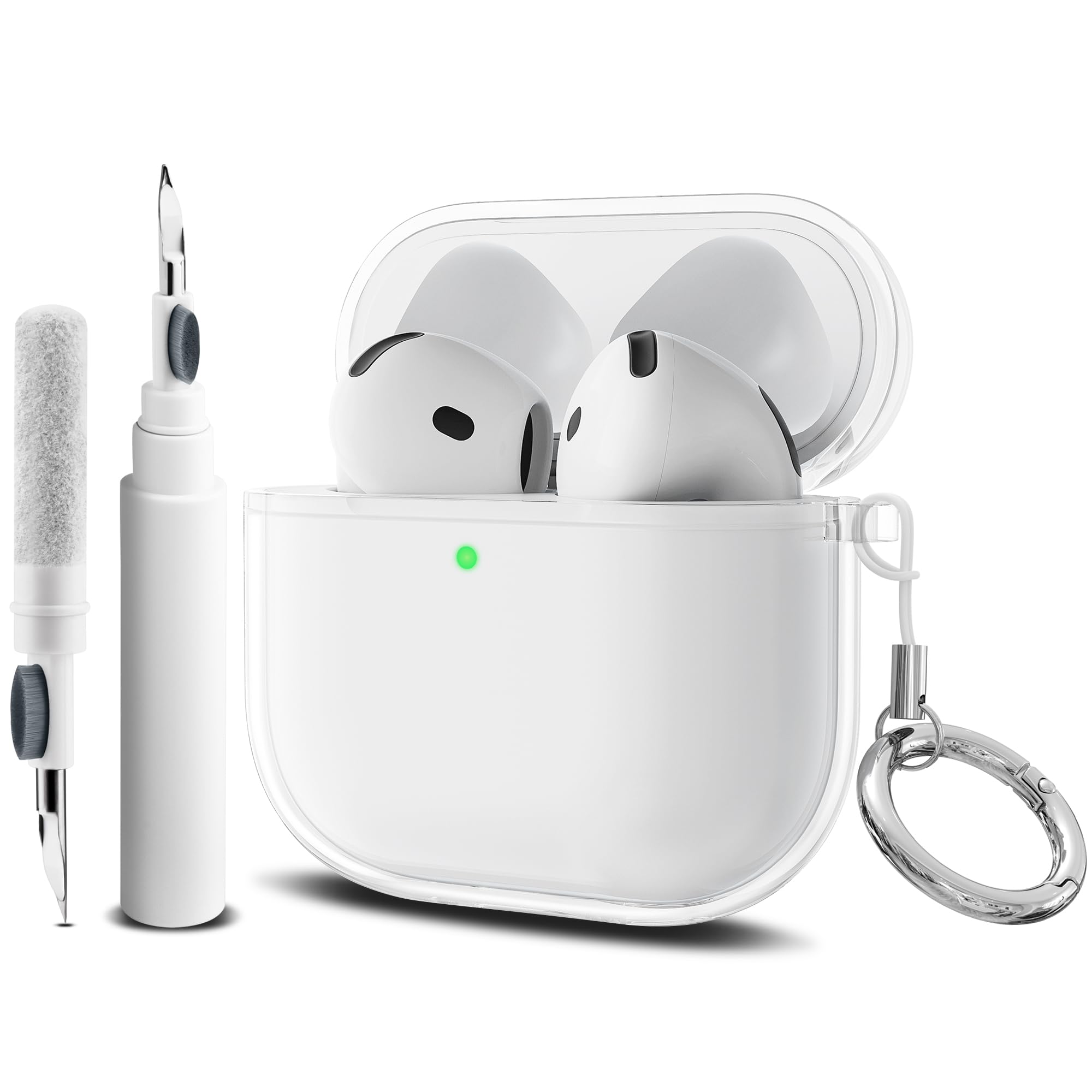 Coque Silicone AirPods 4 2024 Anti-Choc Transparent avec LED Visible, Kit Nettoyage, Porte-clés et Cordon