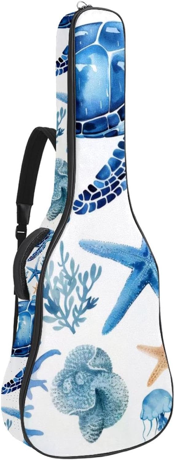 Acoustic Guitar Gig Bag 1 cm Thick Padding, Waterproof Electric Guitar Bag 40-42 Inch Guitar Case Backpack with Dual Shoulder Strap, Blue Watercolor Sea Fish Turtle and coral Pattern