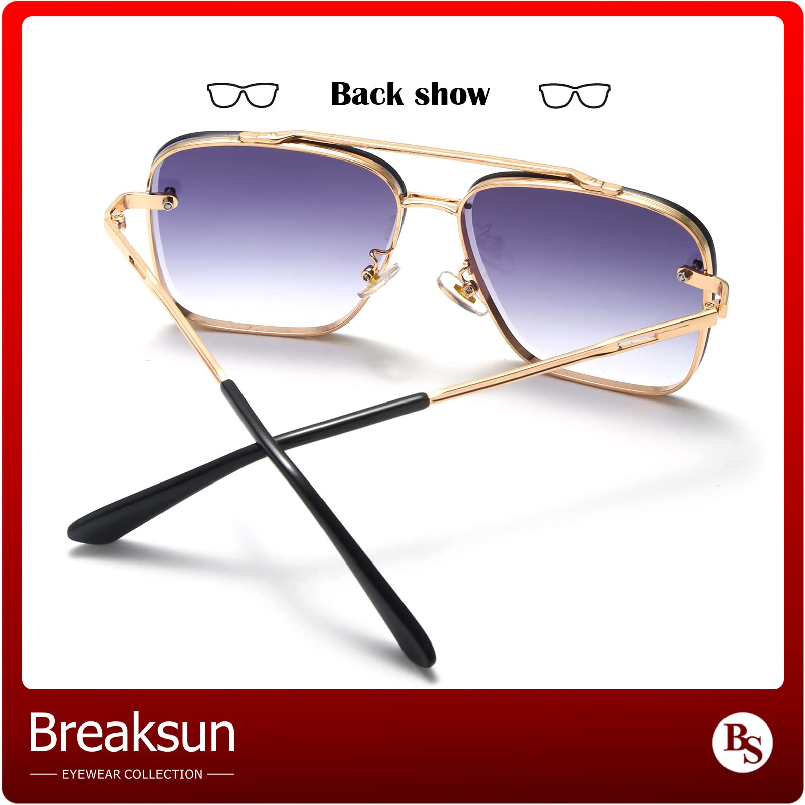 Breaksun Übergroße quadratische Piloten-Sonnenbrille für Damen und Herren, Metallrahmen, getönte Gläser