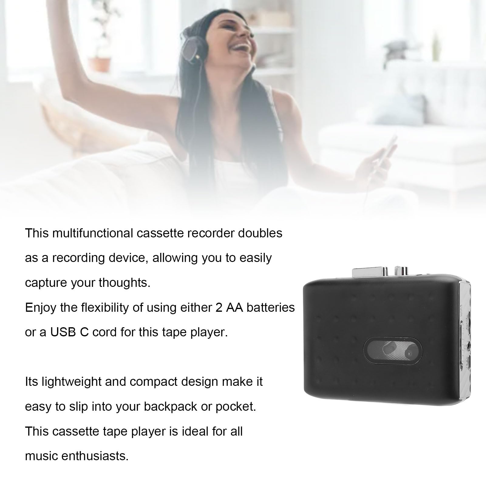 Player de Cassette Portátil Cassette USB C para Convertidor MP3 con Grabadora de Micrófono Incorporada y Auriculares Jack Negro