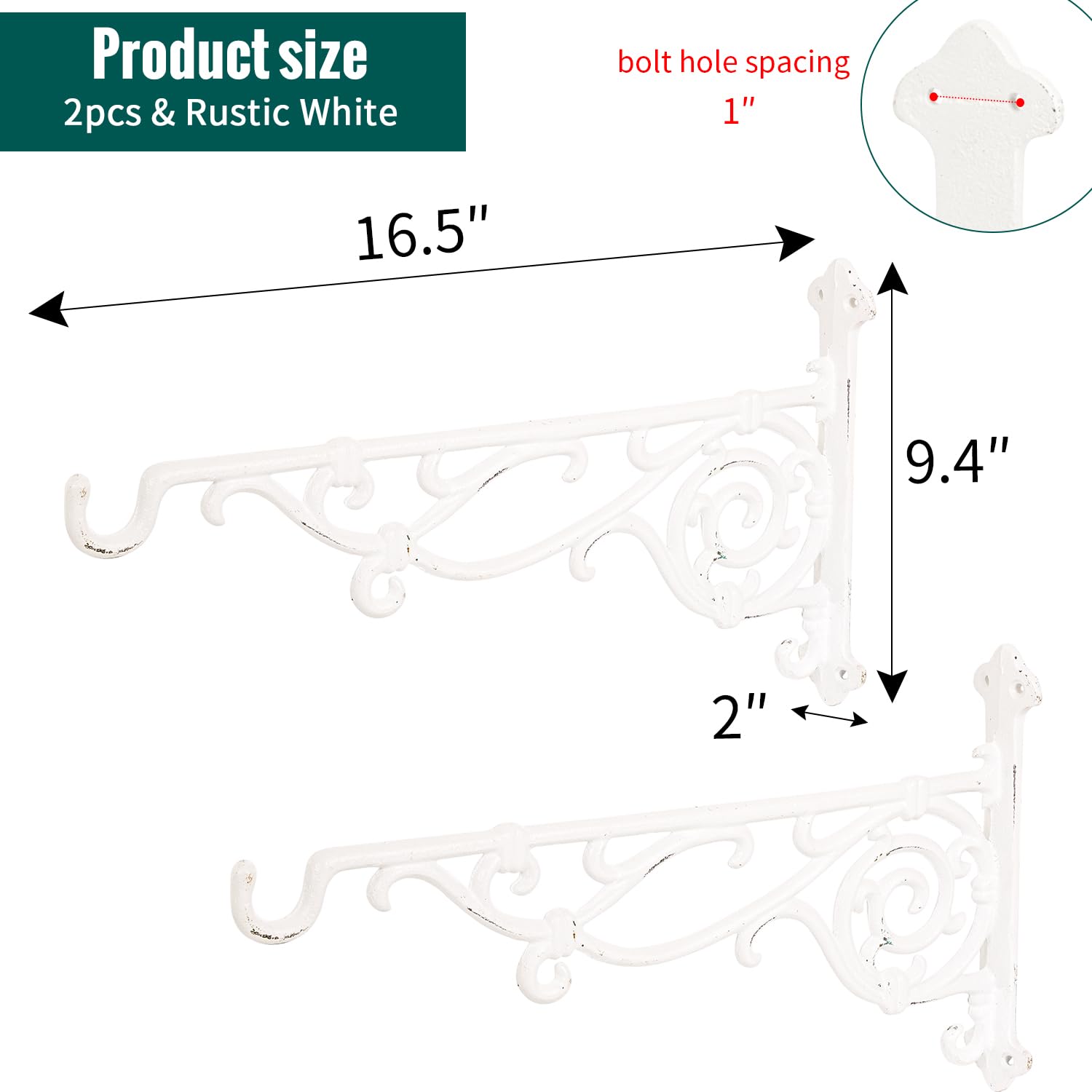 Sungmor Hängepflanzenhalterung aus Gusseisen, 41,9 cm, groß, für den Außenbereich, 2 Stück, weiß, robuste Hängekorbhaken, dekorative Haken für Blumentopf, Laterne, Windspiel, Kolibri-Futterstation