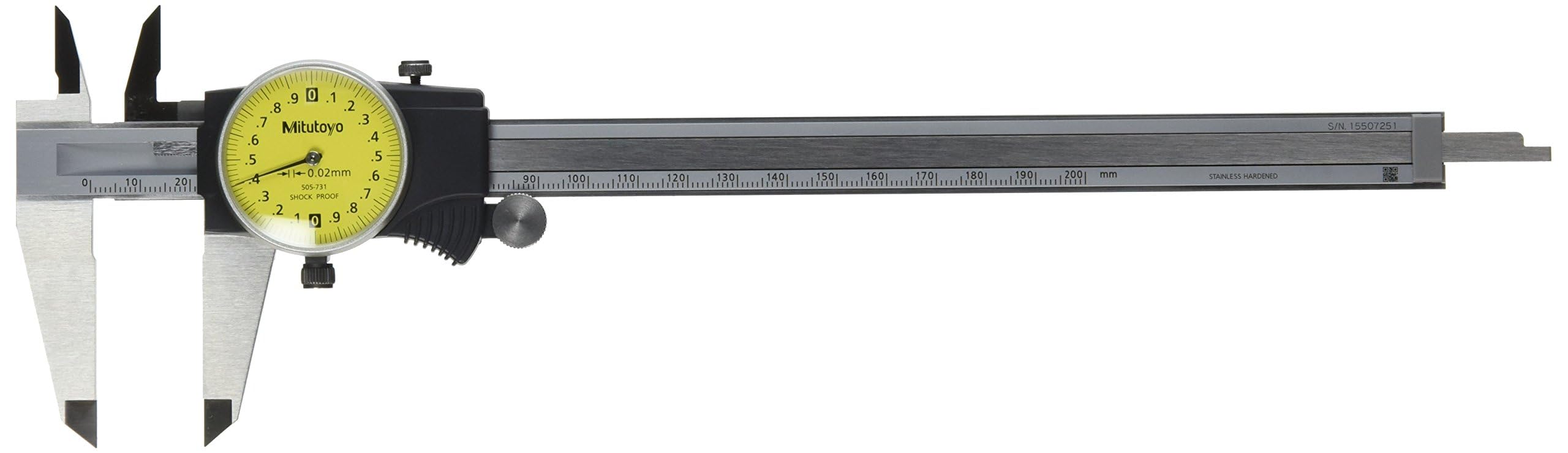 Mitutoyo 505 – 731 Dial caliper, stainless steel, Yellow Face, 0 – 200 mm Range, -0,03 mm accuratezza, 0.02 millimetri risoluzione