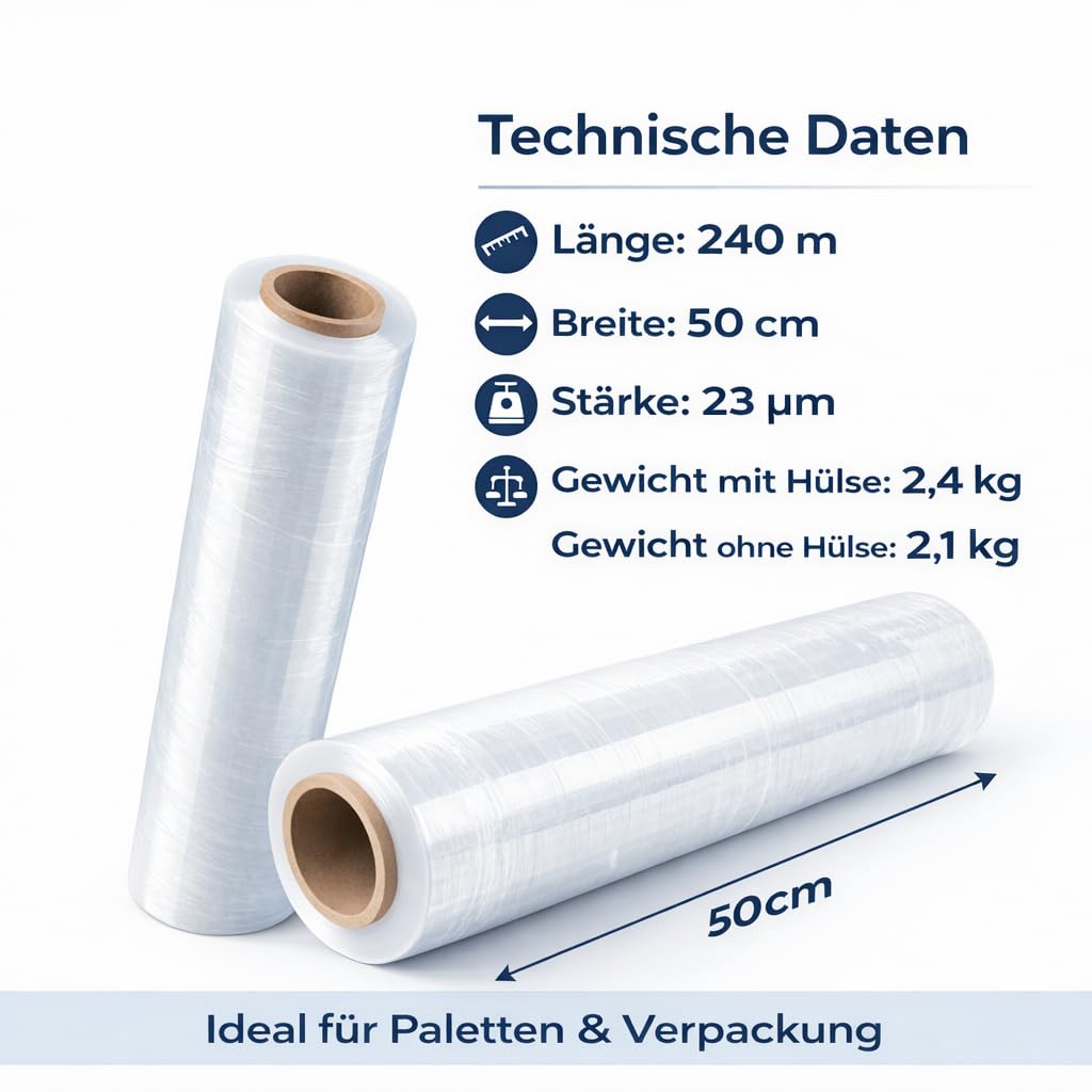 All4All Stretchfolie Transparent 2,4kg - 23 µm – 12 Rollen - 240 m x 50 cm – Handstretchfolie für Paletten - Verpackungsfolie - Wickelfolie - Reißfest - 150% Dehnbar - Umzug Stretchfolierolen