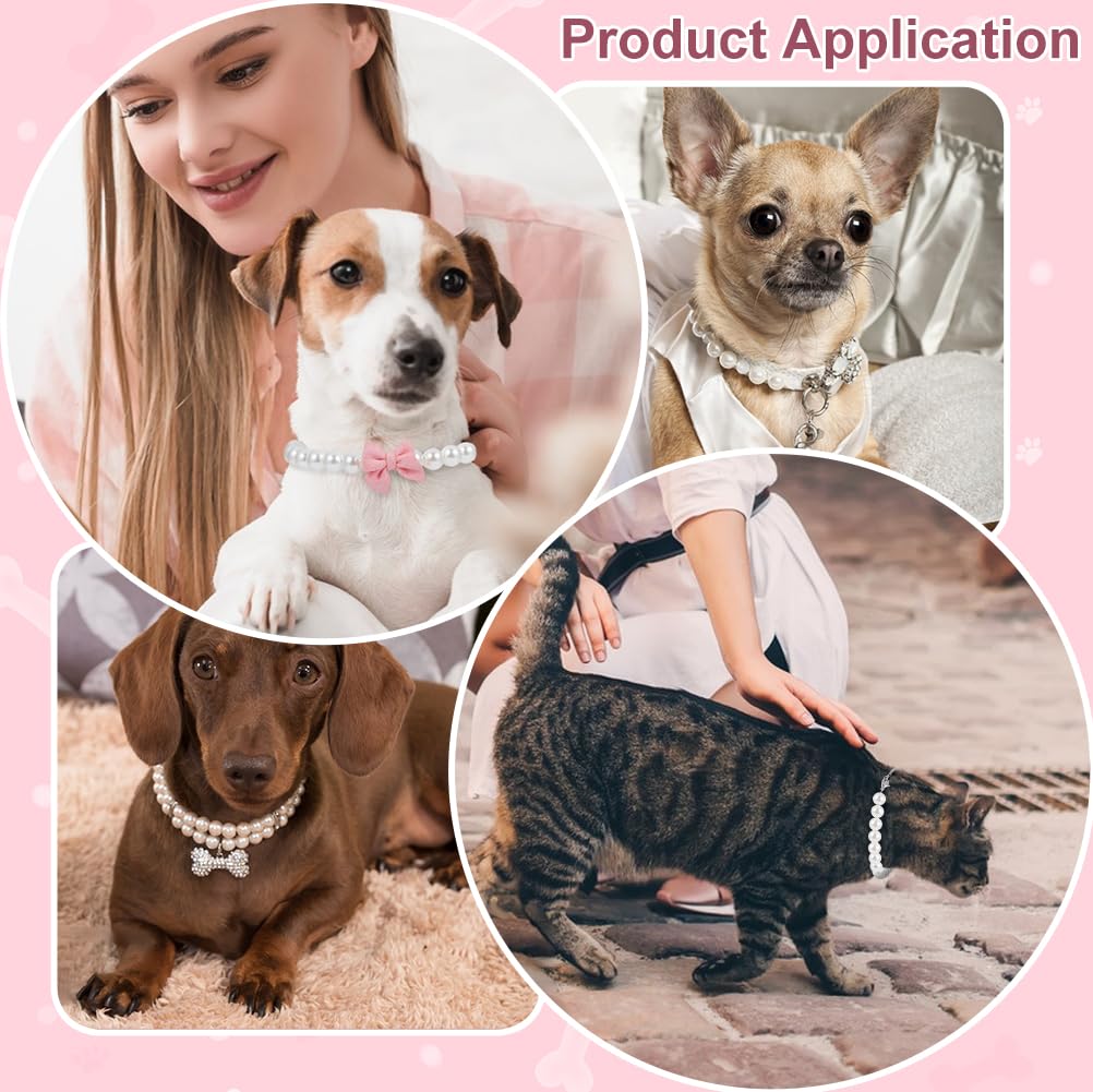 BENECREAT 2 pz 2 stili Collana Collare di Perle per Cani e Gatti,Fiocco di Perle Da 205~210mm, Collari per Animali Domestici con Ciondolo A Fiocco Rosa per La Toelettatura Degli Animali Domestici