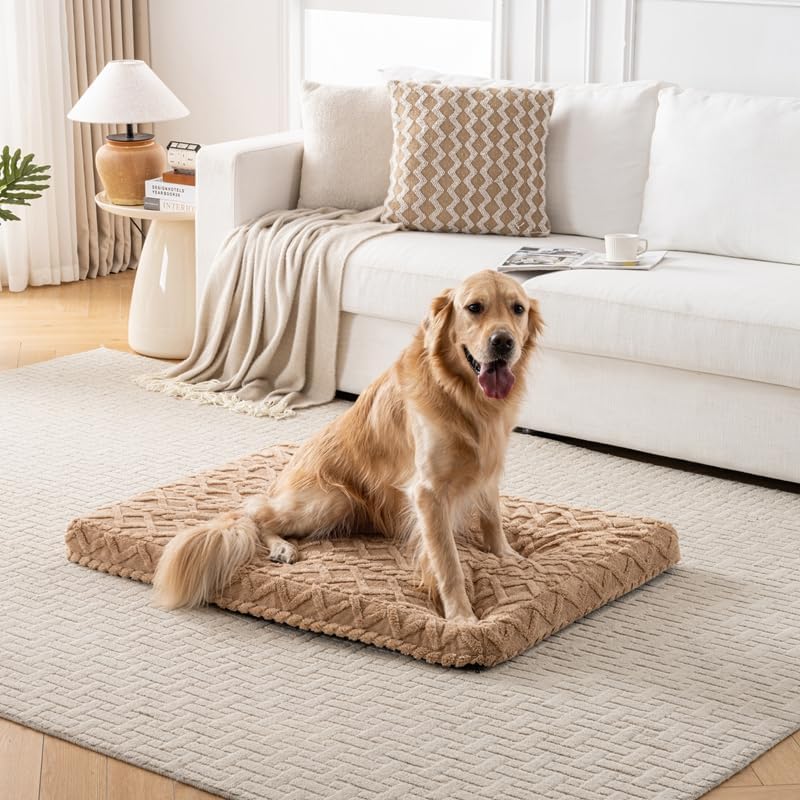 Orthopedic Memory Foam Dog Crate Pad, Medium Size, Brown Diamond Pattern, Waterproof Lining, Washable Cover for Dogs and Cats 41" L x 28" W x 3" H