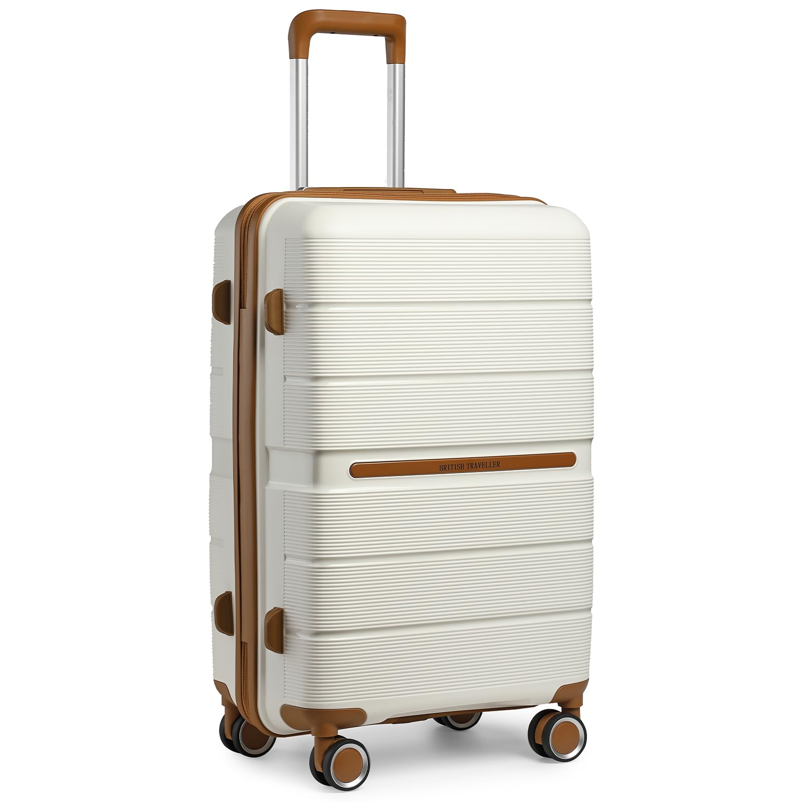 British Traveller Bagaglio a Mano 56x37x22 cm Valigia Trolley Rigida 4 Ruote, Bianco