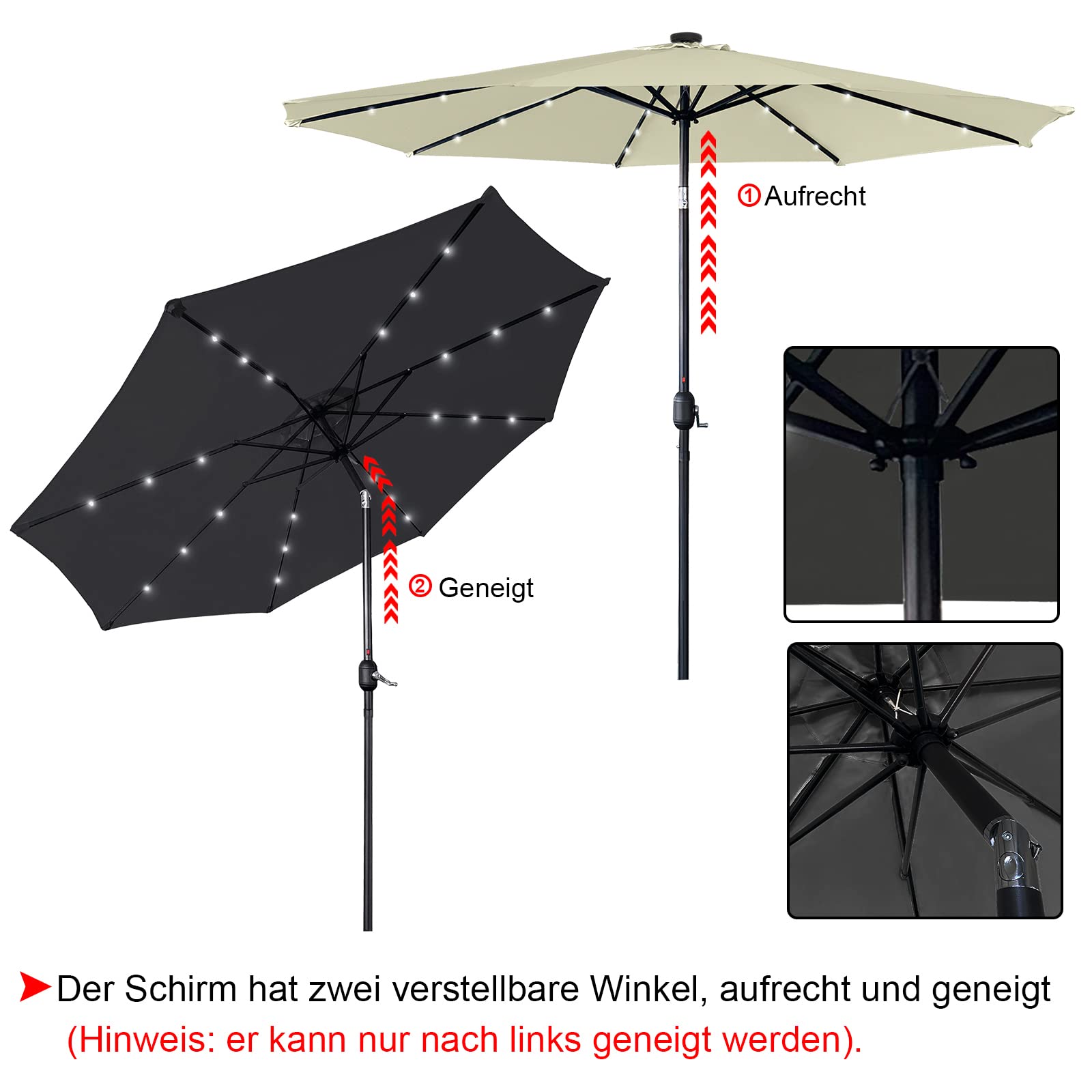 LZQ Sonnenschirm Balkon Ø 300cm Gartenschirm mit Solar LED Beleuchtung Alu Marktschirm mit Handkurbel Strandschirm Rund Terrassenschirm Wasserabweisende UPF 40+(Beige, Winkelverstellbar)