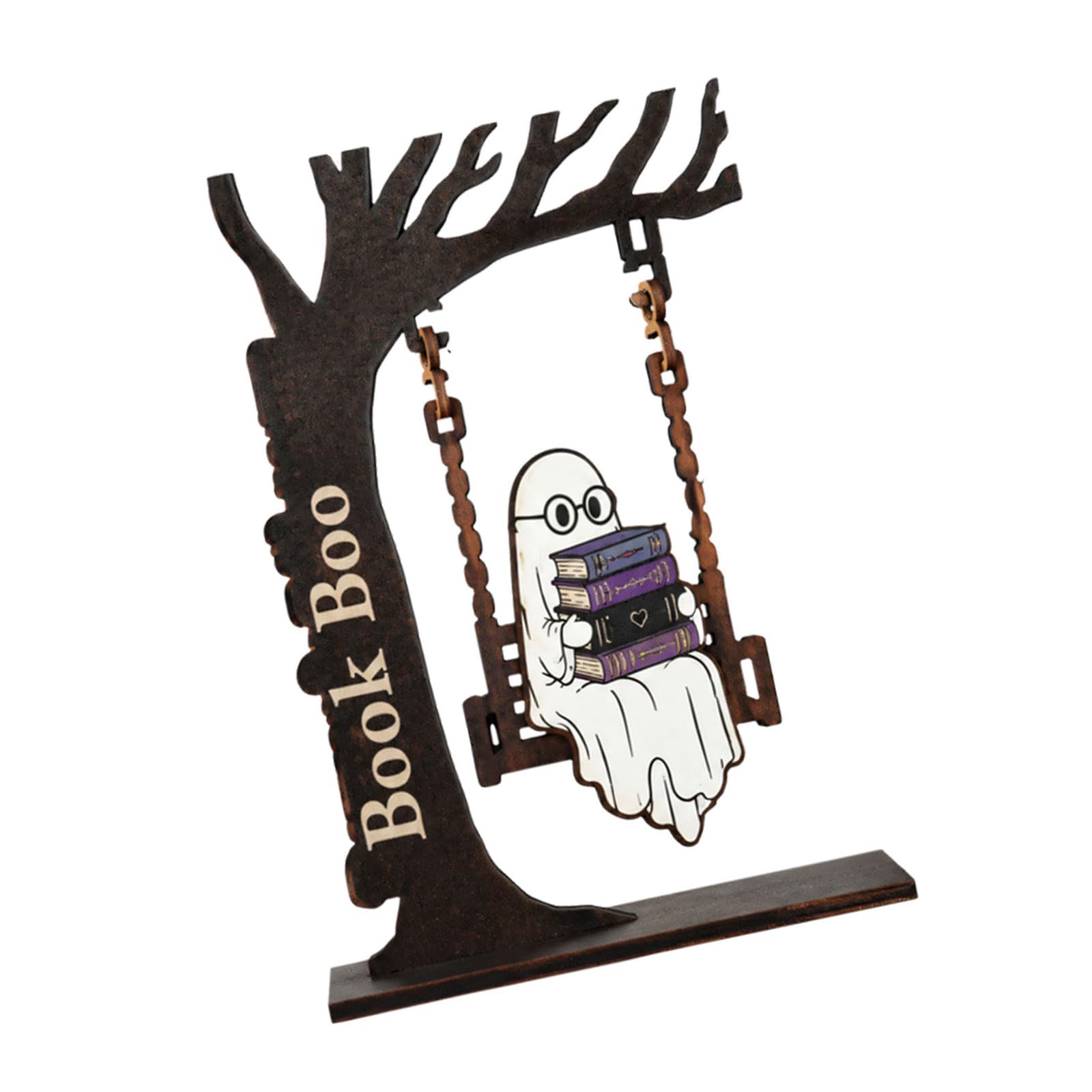 Fall Table Decor Reading Accent, Wooden Swing Ornament for Bookshelf Mantel Halloween Seasonal Home Display Indoors Wooden Halloween Decor Reading Figure Bookshelf Ornament Tabletop Accent Fall Mantel