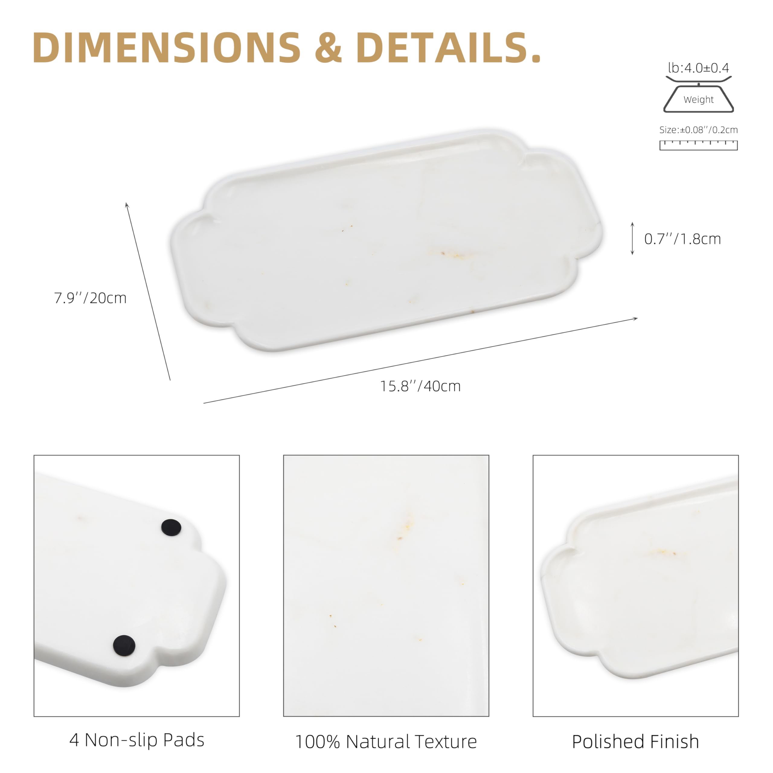 Marmor Vassoio da bagno in vero marmo naturale per profumi, candele, gioielli in pietra, organizer per bagno e cucina, decorazione per la casa (piatto lungo in pizzo marmo dorato Calacatta)