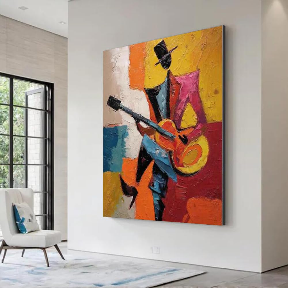 GKRXNZC Large Abstract Canvas Wall Art, Colorful Block Design of a Guitar-Playing Character, Modern Wall Art Piece, for Living Room(35x45cm/14x22in(WxH)/No frame)