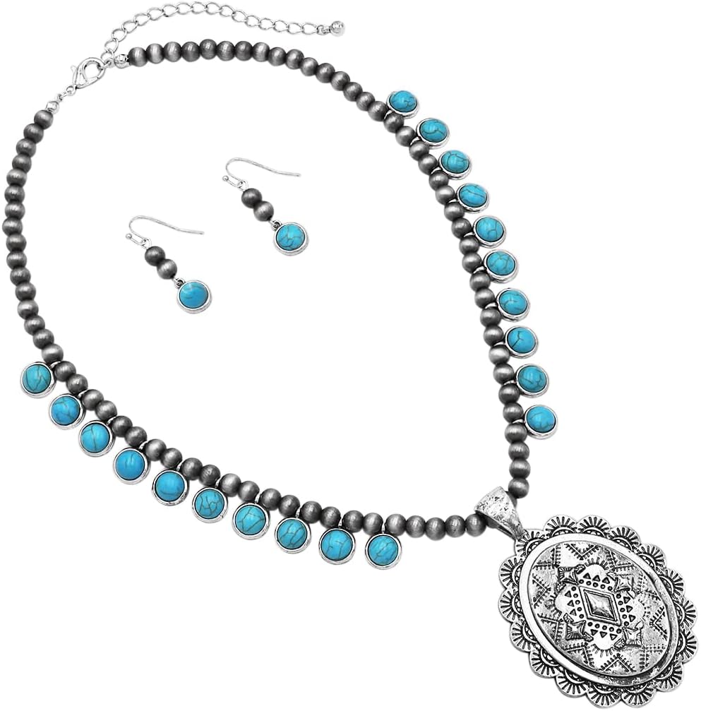 Rosemarie & Jubalee Women’s Cowgirl Chic Western Style Statement Turquoise Howlite Stone Concho Pendant Necklace Earrings Set, 18"+3" Extender