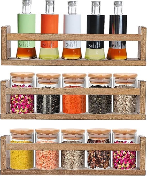 Albio Wall Mounted Spice Rack Organiser, Set of 3 Floating Shelves for Kitchen/Pantry/Cabinet/Bathroom Storage