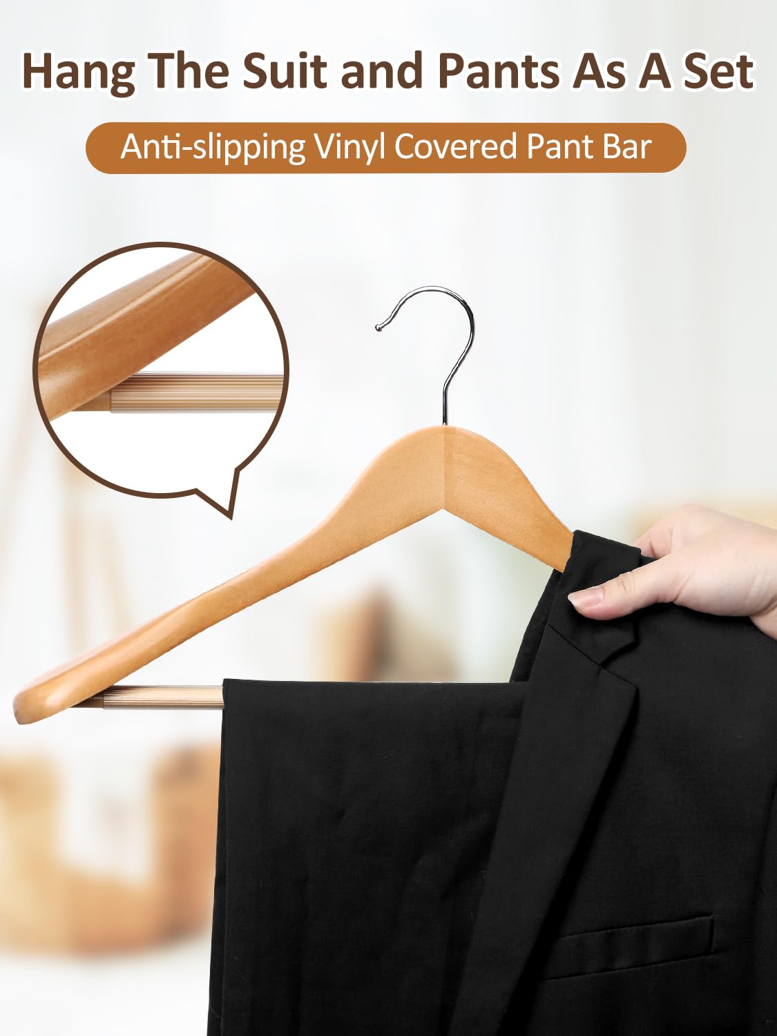 AMKUFO Perchas de madera de hombro ancho, paquete de 8 perchas con barra antideslizante para pantalones, perchas de madera resistentes con acabado suave, gancho giratorio de 360° para suéter, chamarra