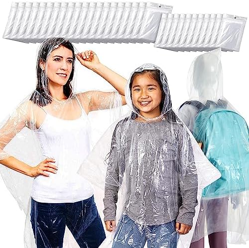 DIELLY 6-Pack Disposable Rain Ponchos – Family Pack, Clear Waterproof With Hood, Emergency Use, Adult & Child Sizes