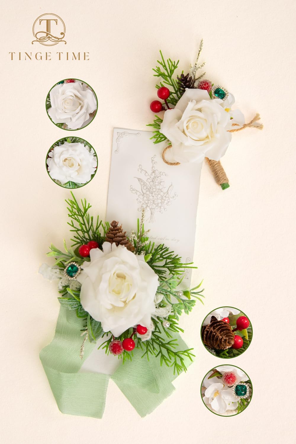 TINGE TIME White Corsage and Boutonniere Set, Prom Flower Wrist Corsage Bracelets, Boutonniere for Men Wedding Flowers Accessories Prom Suit Decorations - Image 6