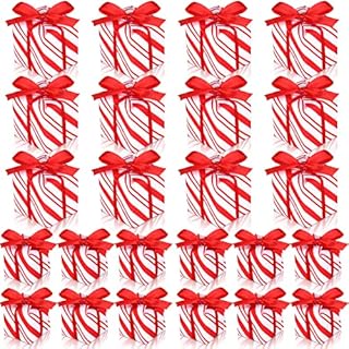 24 Pieces Christmas Tree Small Gift Boxes Mini Cane Stripe Box with Ribbon Hanging Ornament 2 Size Xmas Tree Candy Gift Box Christmas Hanging Decor Christmas Tree Pendant Tiny Party Decor Favors