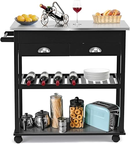 TUOCHUFUN Islas de almacenamiento de cocina y carritos - Carrito de isla de cocina con tapa abatible de acero inoxidable 2 cajones 2 estantes