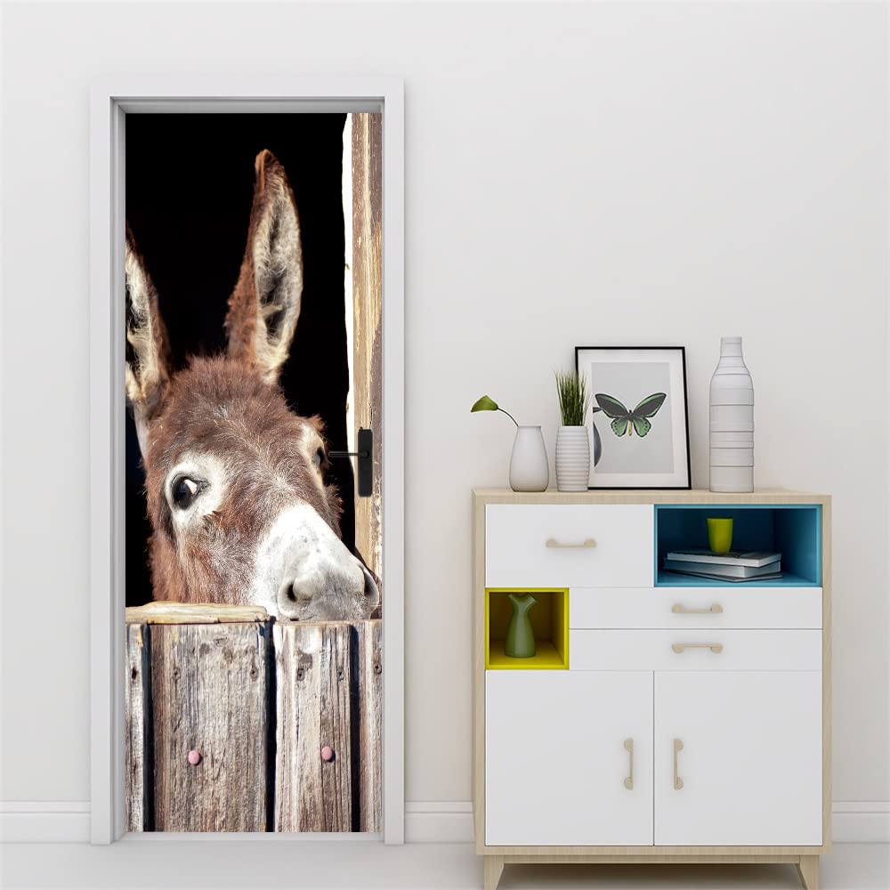 3D papier peint porte trompe l'oeil animal âne 95x215 cm | Décoration murale PVC intérieure