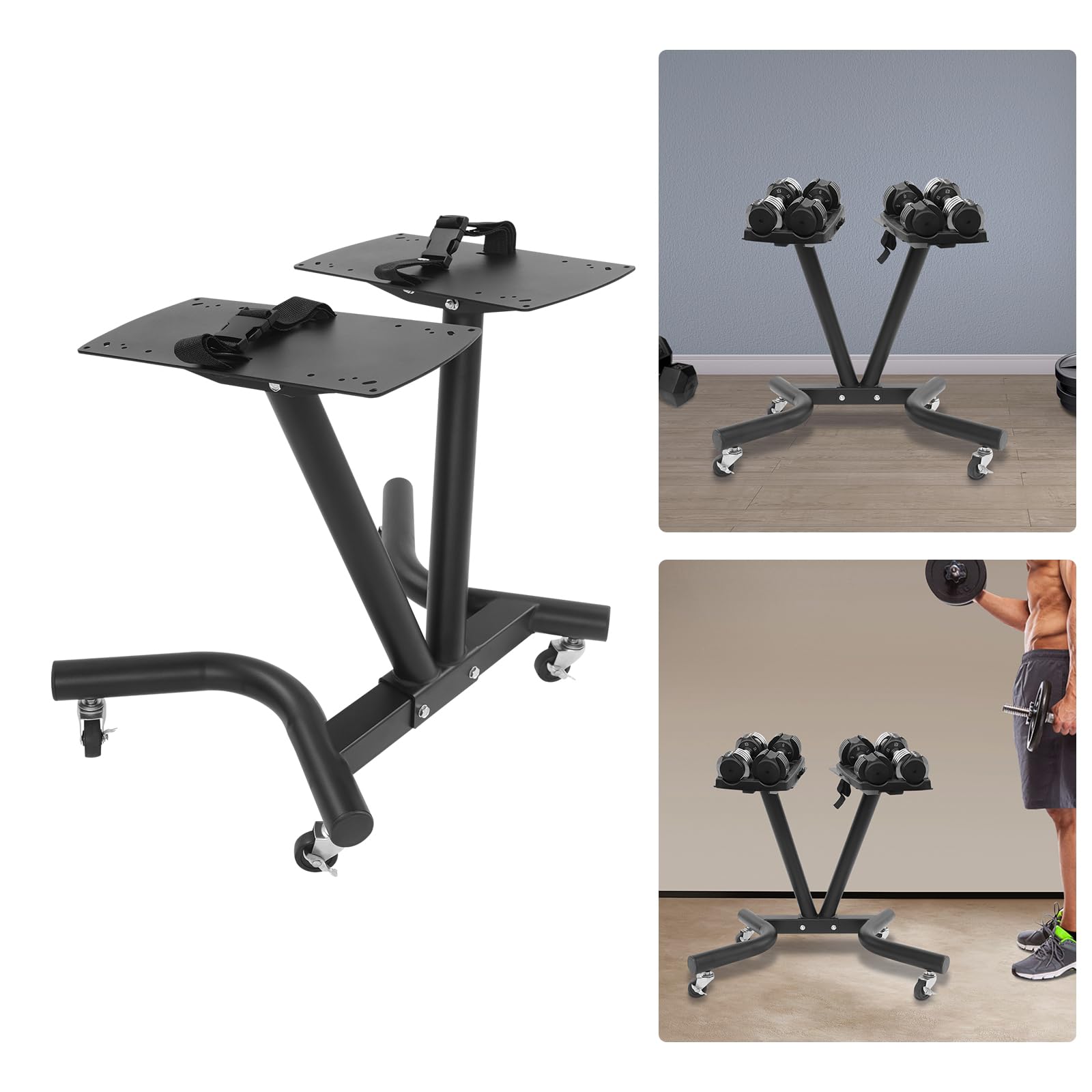 Soporte para mancuernas compacto, soporte de metal ajustable, soporte de pesas multifuncional con ruedas universales, soporte para pesas de hasta 50 kg, 67 x 46 x 54 cm