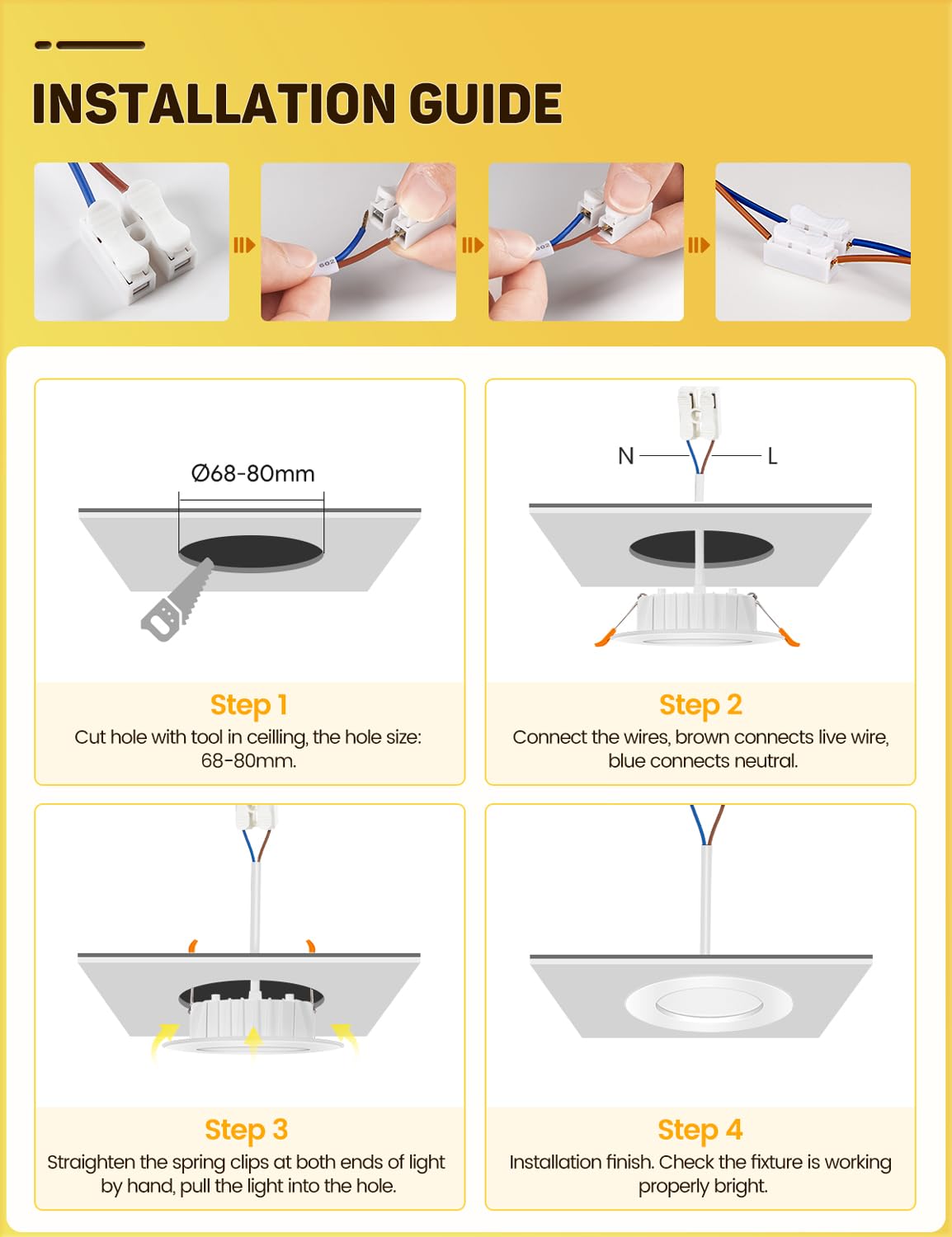 Focos LED Empotrables 230V, Plafones planos 6W, Spot LED IP44, Blanco Neutro 4000K, 600 lúmenes, Corte 68-80mm