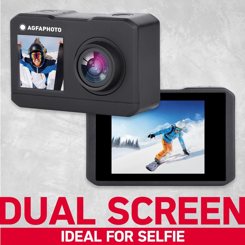 AgfaPhoto - Cámara Deportiva - AC7000 - True 2.7K 30FPS, Doble Pantalla Táctil, Gran Angular 120°, Carcasa Sumergible 30m - WiFi - 10 Accesorios Incluidos
