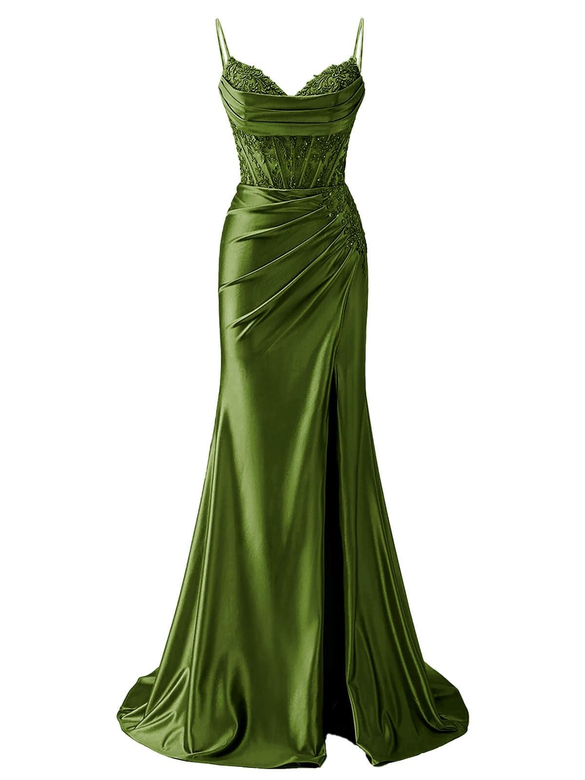 Hppee Women's Olive Green Satin Prom Dresses With Slit For V Neck Spaghetti Strap Formal Party Dress With Lace Applique Uk16