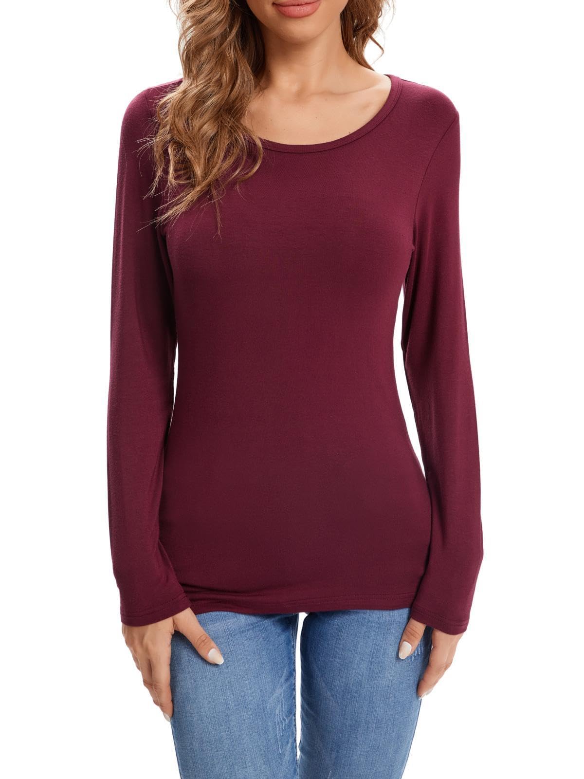 fuinloth Long Sleeve Top Women Basic Ladies Crew Neck Fitted T Shirt Blouse Plain Casual Tees