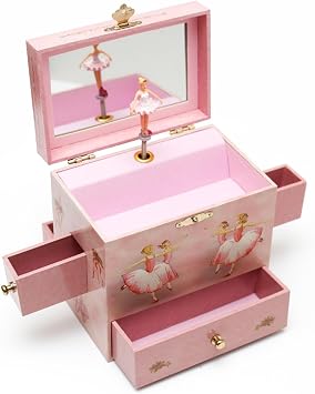 Enchantmints Ballet Friends Musical Jewelry Box for Girls Spins to Swan Lake 4 Pullout Drawers Dog & Ballerina Treasure Storage