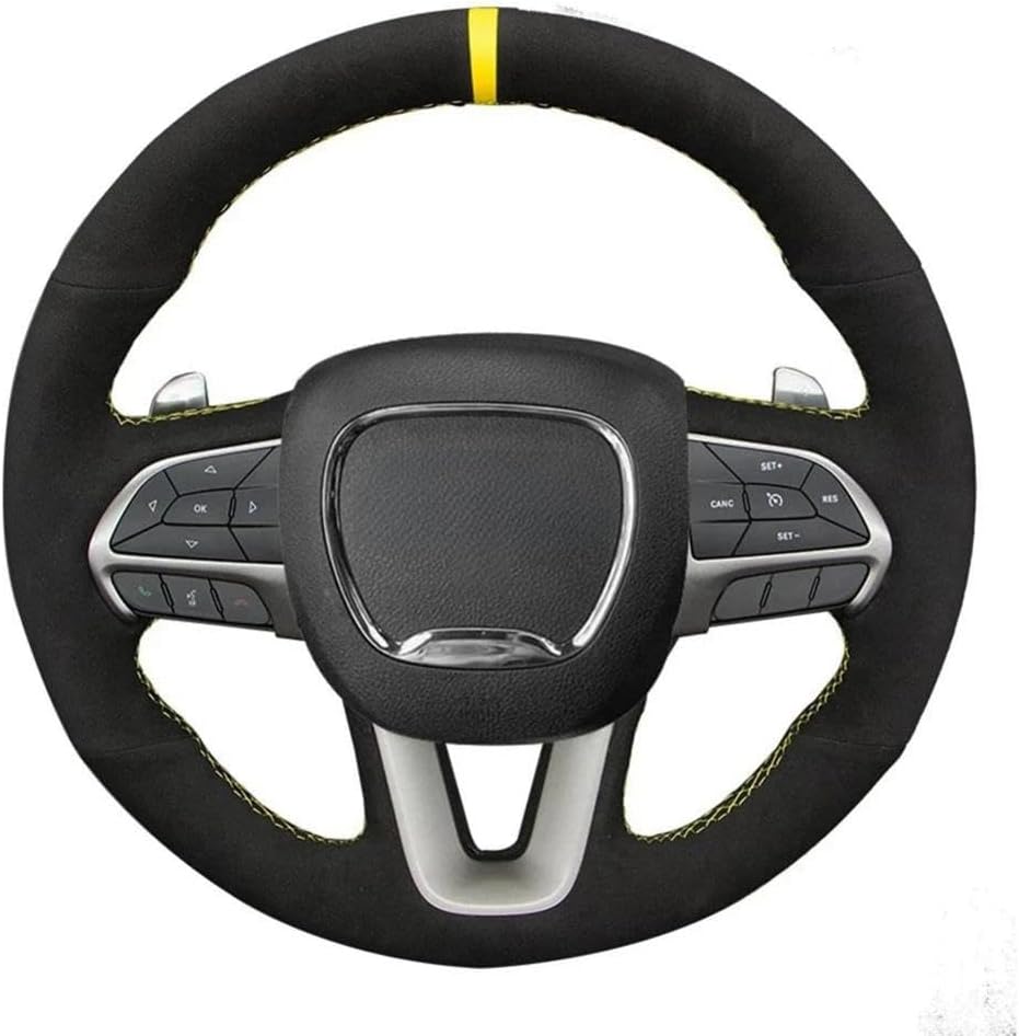 Black Suede Car Steering Wheel Cover Hand-Stitched, for Dodge Challenger Charger 2015-2021 Durango 2018-2021, Blue line