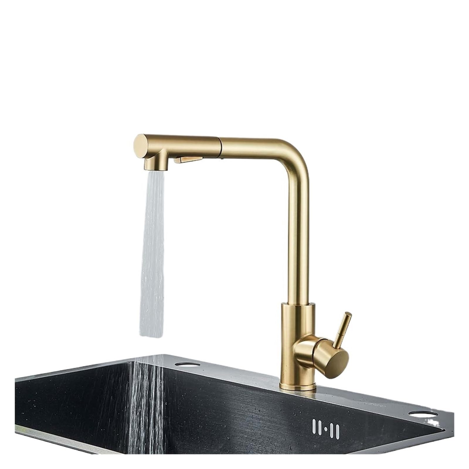 Grifo de cocina extraíble color oro con doble rociador y mezclador monomando SUS404