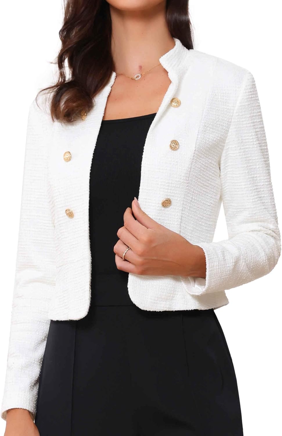 Allegra K Vintage Tweed Jackets for Women's Stand Collar Business Open Front Cropped Blazer Jacket