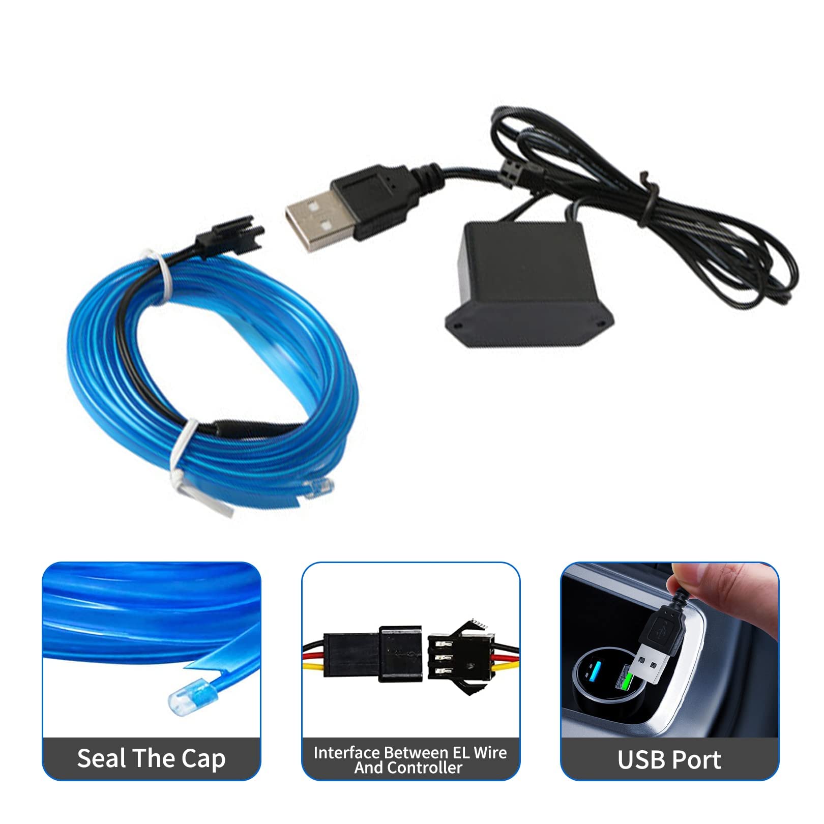 MAKINGTEC EL Wire Car LED Interior Strip Light, USB Neon Wire Lights Glowing Electroluminescent Wire Ambient Lighting Kit for Car Decorations Interior (5M/16.5FT)