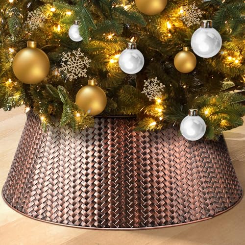 EIMMBD Metal Christmas Tree Collar, 28 Inch Christmas Tree Collar Basket Skirt for Large Christmas Tree, Artificial Tree Skirt Holiday Christmas Decorations Indoor Outdoor(Bronze)