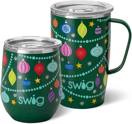 Miniatura 1 de Swig Life O Christmas Tree AM+PM - Juego de taza de viaje de 18 onzas con asa y tapa + vaso de vino aislado de 12 onzas con tapa, acero inoxidable,