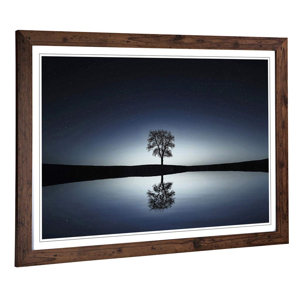 Big Box Art Framed Print of Landscape Lake Dusk Lone Tree (2) Design | Wall Art Picture | Home Decor for Kitchen, Living Room, Bedroom, Hallway, Walnut, A2 / 24.5x18 Inch / 62x45cm