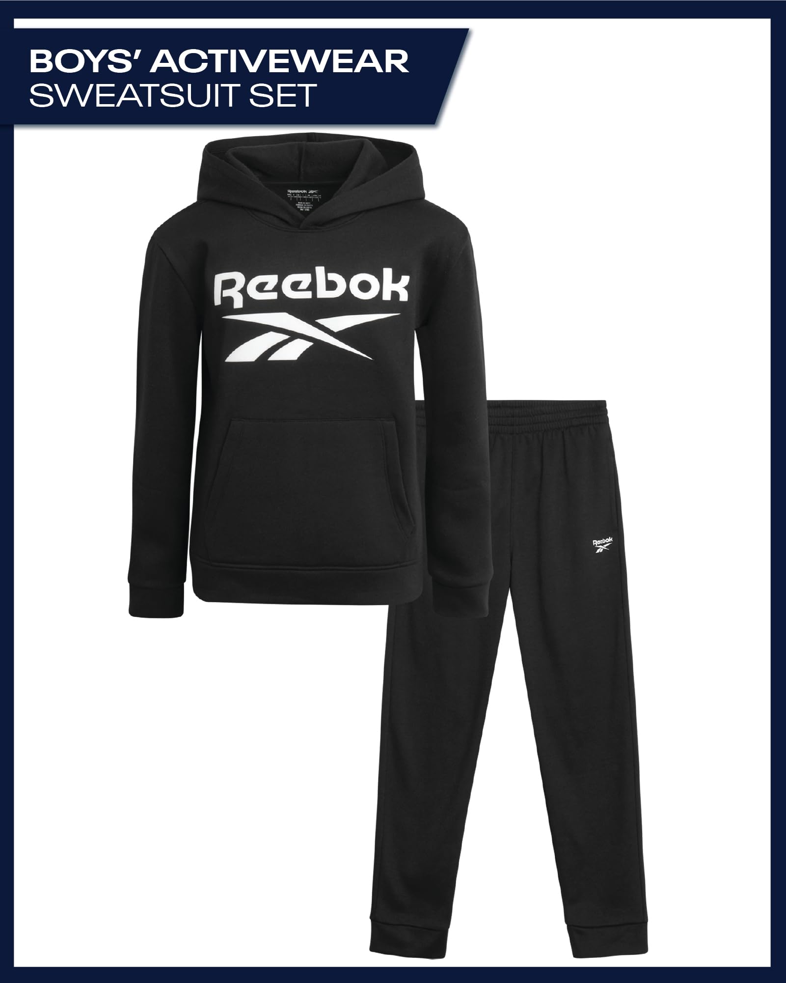 Reebok Boys Sweatpants Set - 2 Piece Fleece Pullover Hoodie Boys Sweatshirts and Youth Kids Jogger Sweatpants Athletic Sets