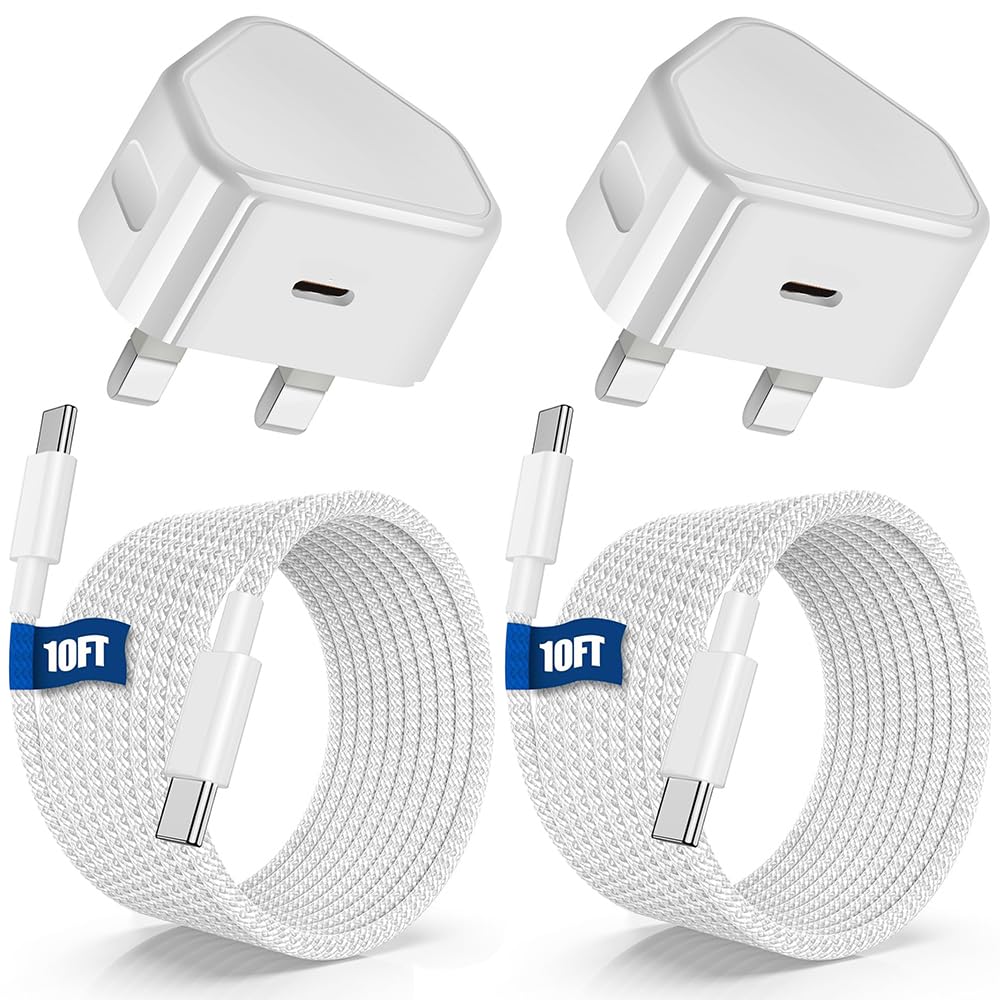 USB C Charger 25W/30W for iPhone 15/15 Pro/15 Pro Max, [MFi Certified] Type C to C 2M Cable 2 Pack and Fast Charging Plug 2 Pack,UK Wall PD Power Adapter
