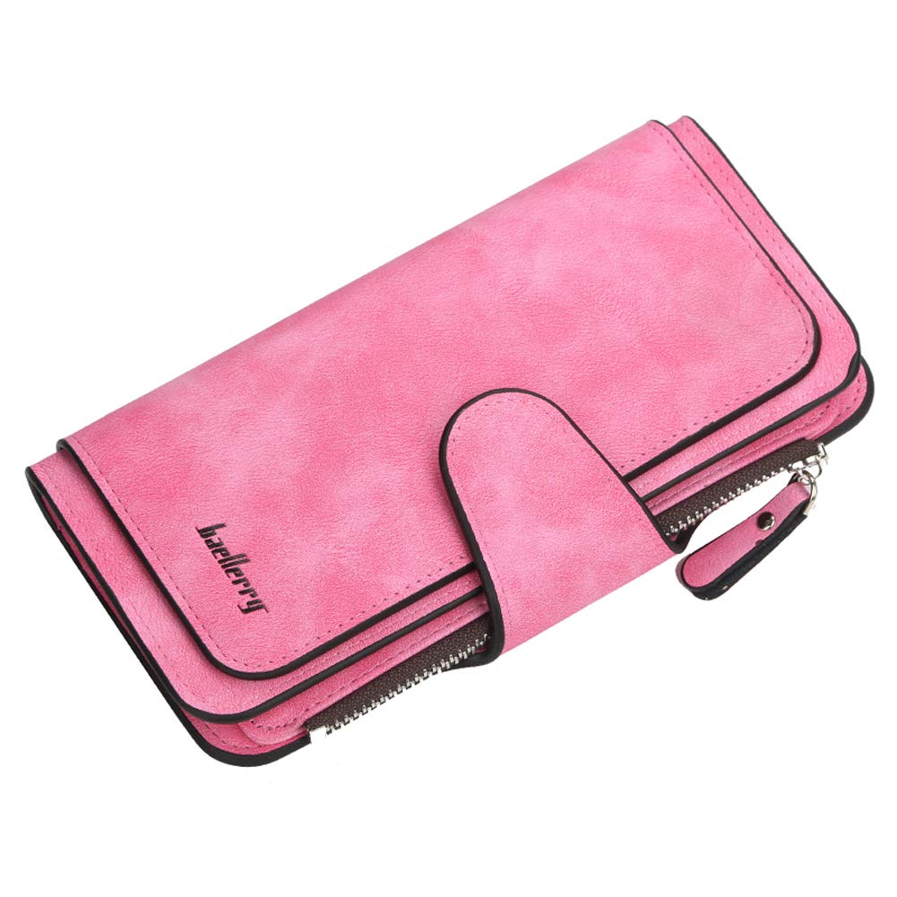 Women's Long RFID Blocking Leather Wallet - Rose Red Clutch With Zipper Coin Pocket - View #6