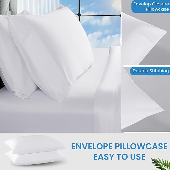 LBRO2M 100% Tencel Sheet Set Lyocell Cooling Sheets for Hot Sleeper Queen Size 4 Piece Silky Soft and Smooth Breathable Sheets,16 Inches Deep Pocket Bedding Set Wrinkle Resistant (Queen White)