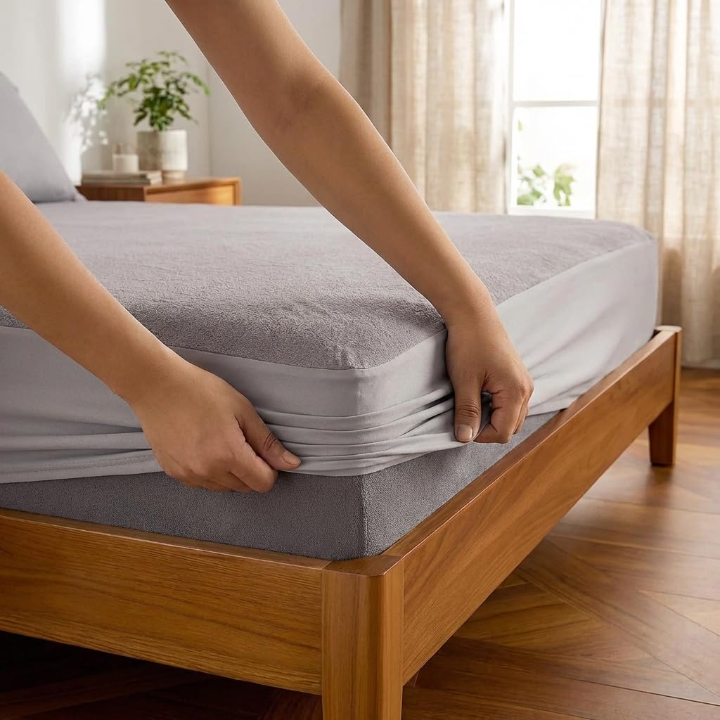 100% Waterproof Mattress Protector,King Size (78 x 72 Inches),Premium Ultra Soft Fabric Terry Cotton Feel,Fitted with Elastic Skirting,Hypoallergic and Breathable Bed Protector,Grey-image-8