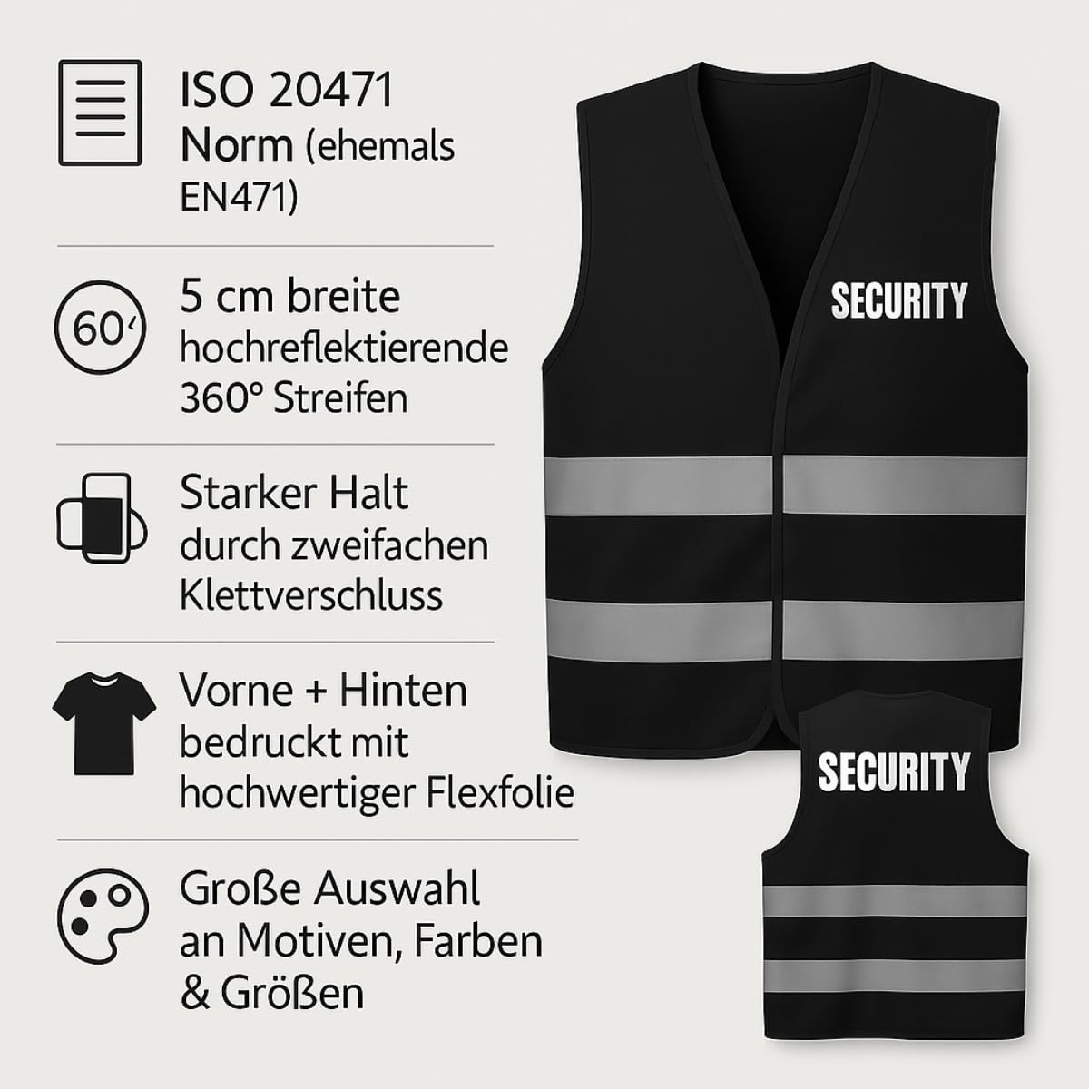 SECURITY Warnweste Set Schwarz – Klettverschluss & Front/Back-Druck – für Türsteher, Ordner, Event & Club – Größen M–4XL