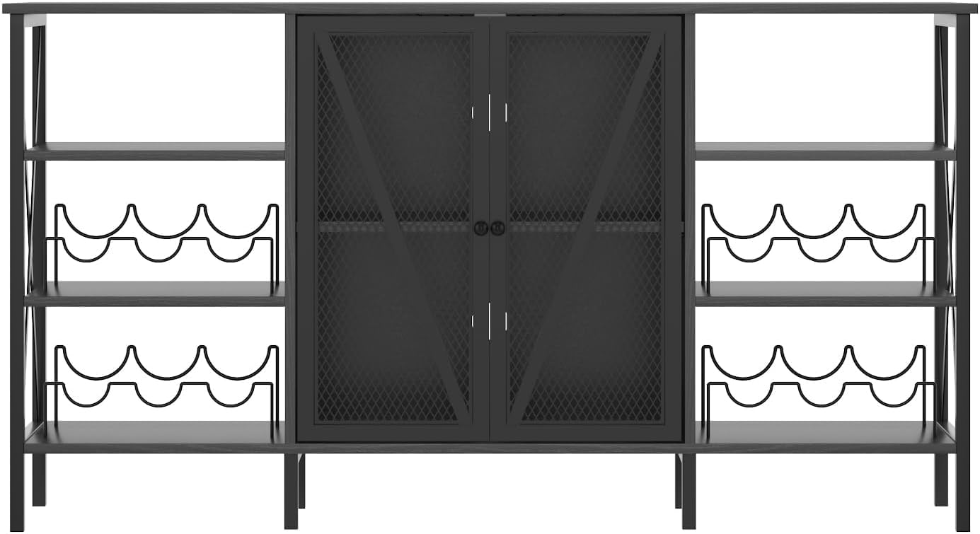 55" Wine Bar Cabinet with LED Light, Wine Rack & Glass Holder, Mesh Doors & Adjustable Shelves, Industrial Rustic Sideboard Buffet for Living Room, Kitchen, Coffee Bar & Entryway,Black