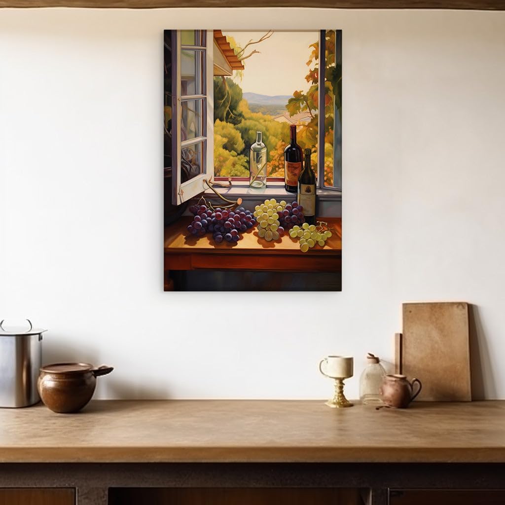 Canvas for Living room. Savor the View Beyond the Pane � Vineyard Vistas and Vintage Bottles in a Serene Still Life, 27 x 18 inch Canvas Wall Art - Abstract Expressionist - Retro Home Decor