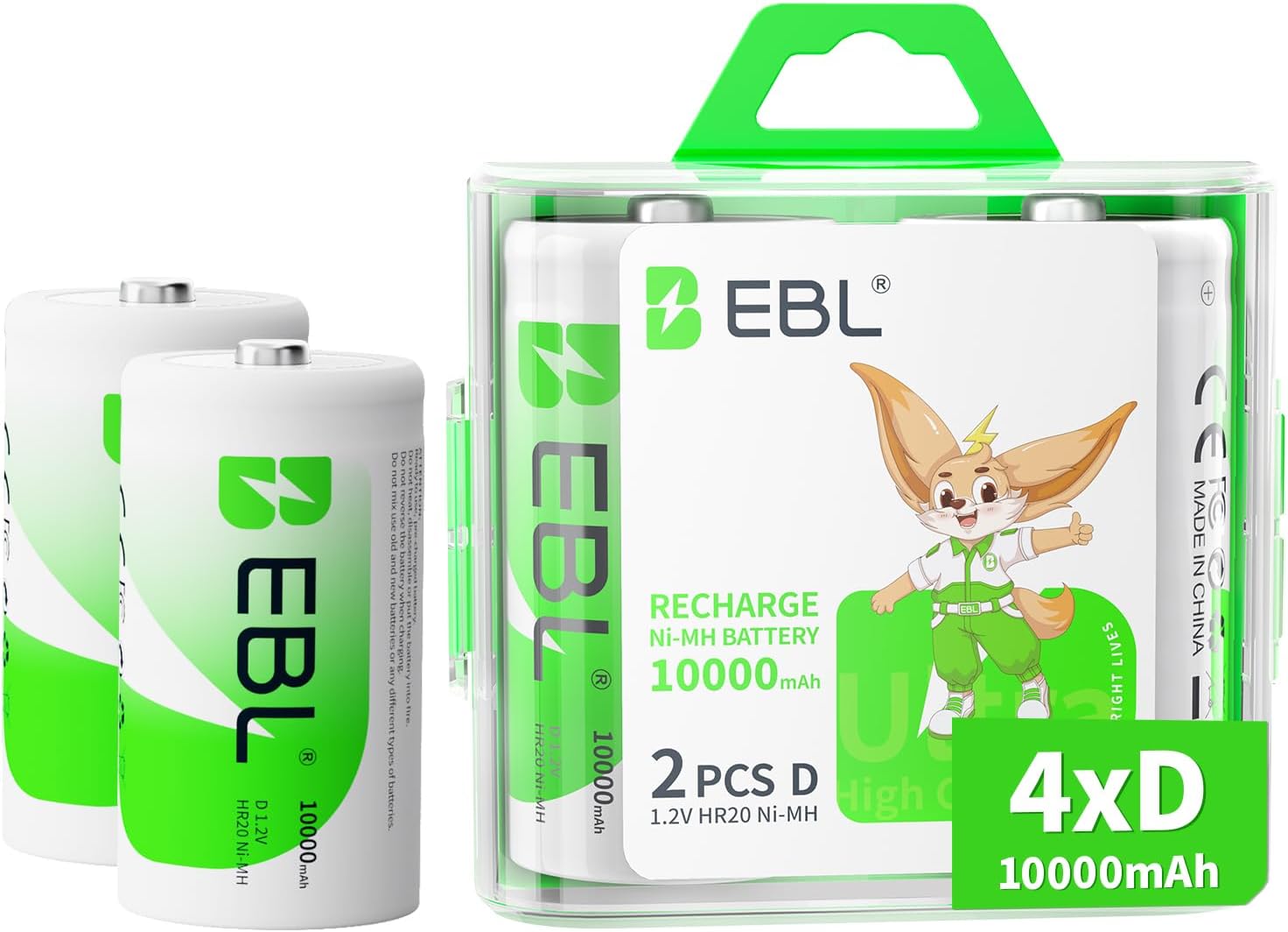 EBL D Size Battery D Cell 10000mAh Huge Capacity Ni-MH Rechargeable D Batteries with Storage Box, 4 Counts