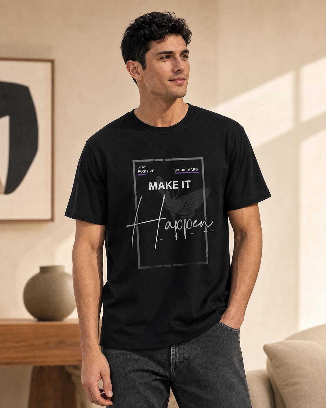 NOBERO - Camiseta para hombre de algodón con estampado gráfico de corte clásico