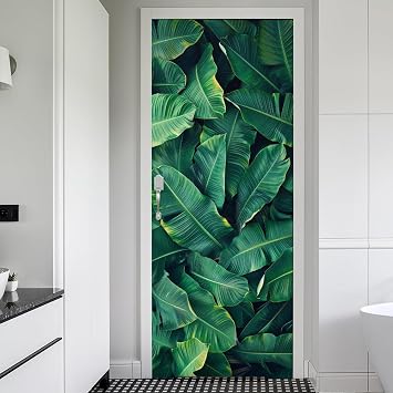 30.7"x79" Green Tropical Banana Tree Leaves Peel and Stick Door Stickers Vinyl 3D Door Mural Decals Self-Adhesive, Waterproof, Removable Decor for Kitchen Living Room Bedroom
