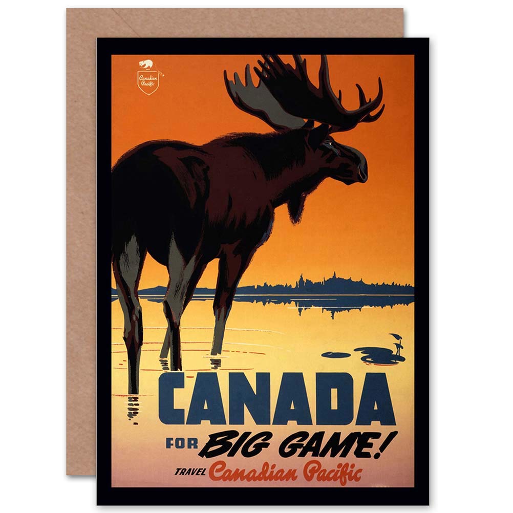 Wee Blue Coo TRAVEL TOURISM CANADA BIG GAME MOOSE LAKE TRAIN BLANK GREETINGS CARD
