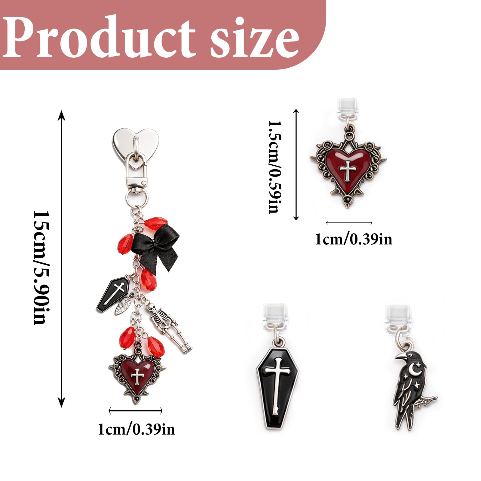 TAKEALOOKO 4PCS Gothic Skeleton Charms for Kindle - Sliver Red Cross Heart Chains with Type C Dust Plug, Stylish Charm for Readers Book Lovers, Compatible for E-Reader Phones Paper White - 5