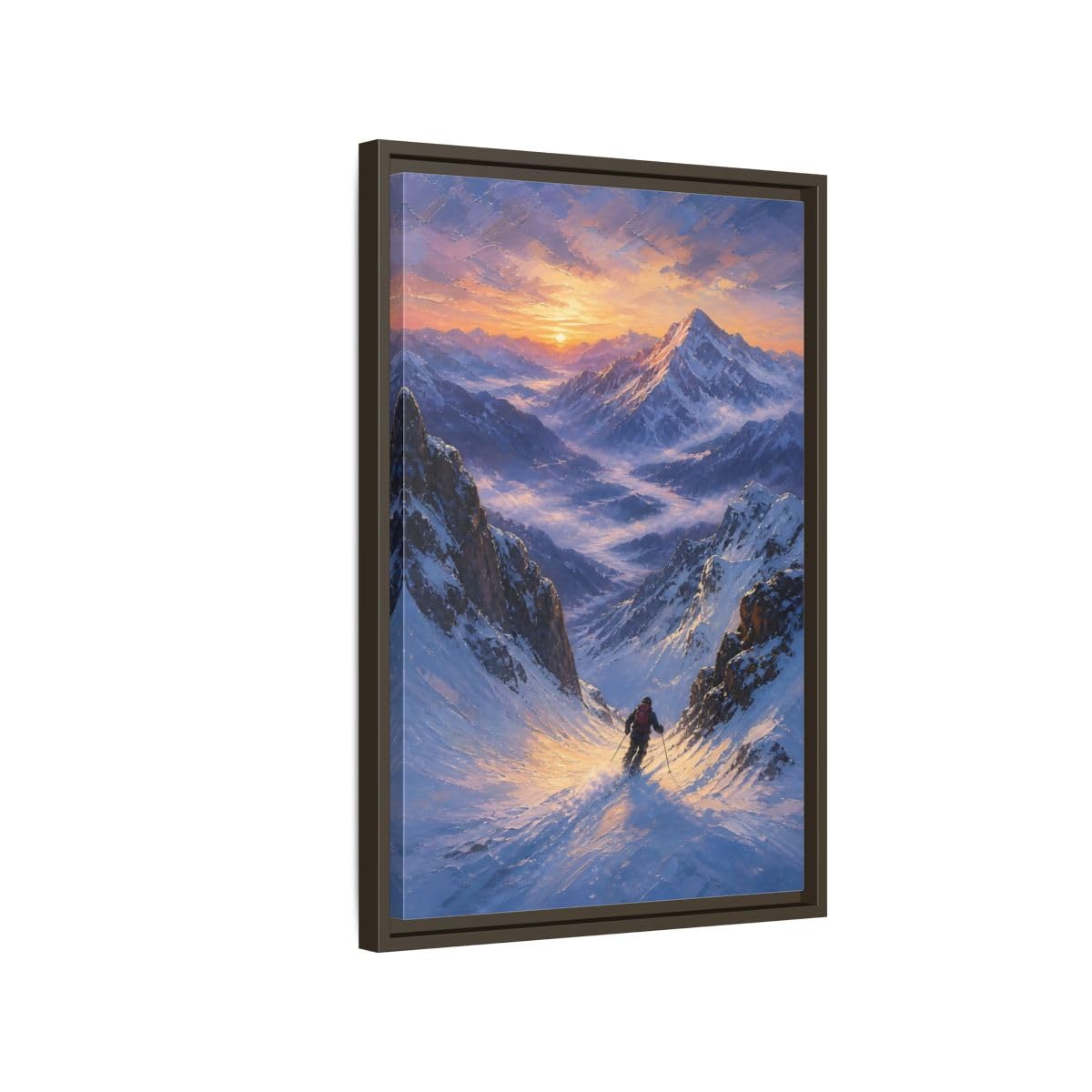 Nature Mountain Skier Snowy Sunset Framed Canvas Print – Living Room, Above Fireplace, Orange and Blue 32×48 inch (80×120 cm) - Vertical/Black / 1.25 inch (3 cm)