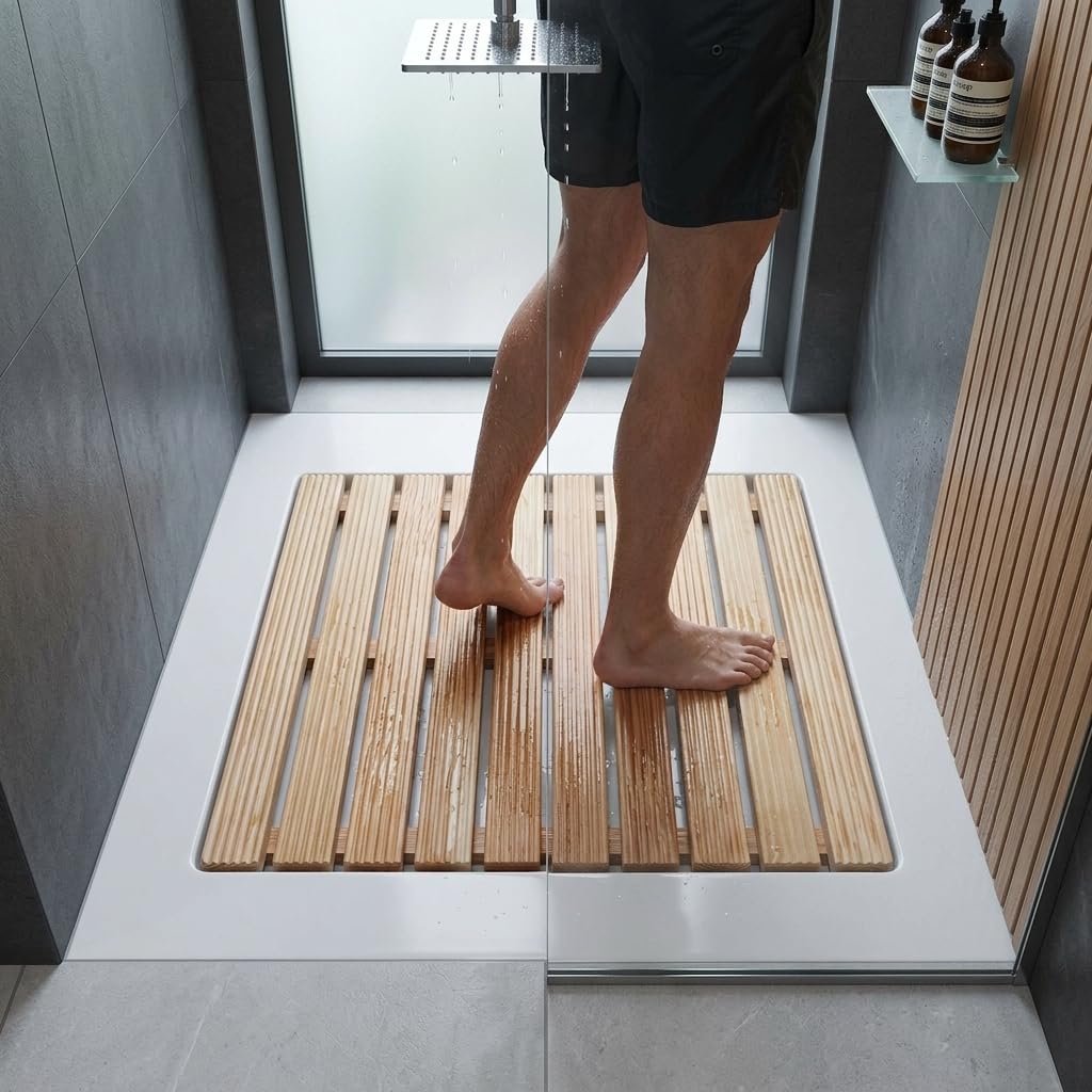 Castelmerlino Tarima para ducha en madera de alerce 59x59 cm para platos de ducha 80x80